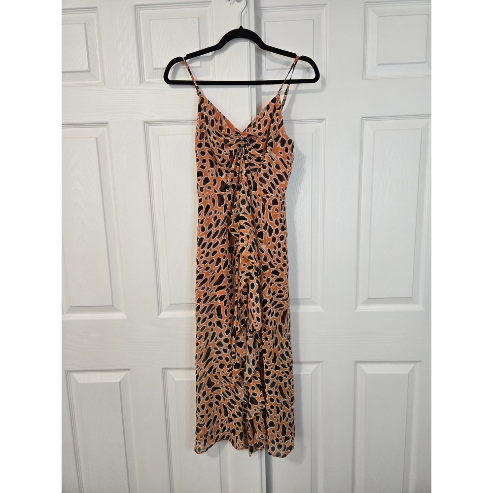 J.O.A. Just One Answer Leopard Print Ruffle High Low Midi Dress Orange Small